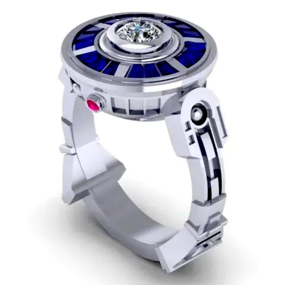New Unisex Stamped S925 Sterling Silver Sapphire Handmade Star Wars R2D2 Ring - Picture 1 of 9